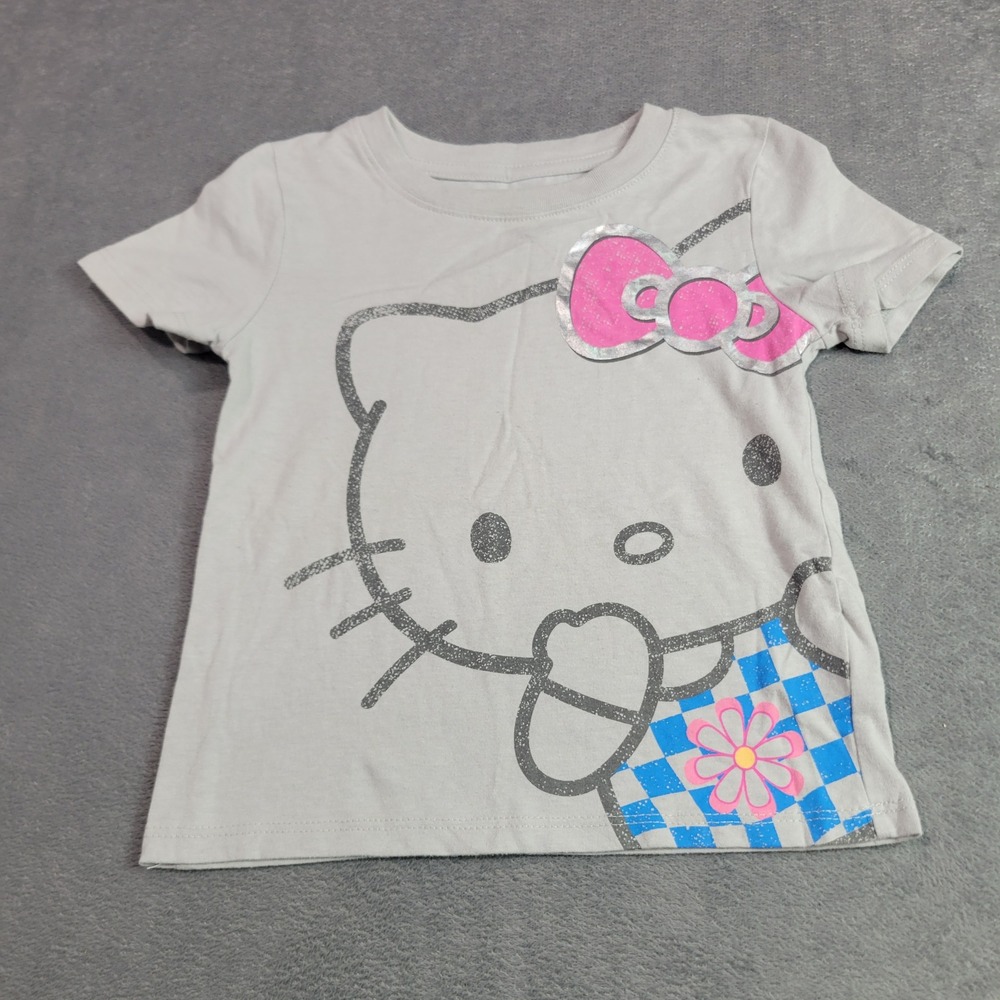 Sanrio Hello Kitty T-Shirt Girls 4/5 Gray Graphic Tee Pink Glitter